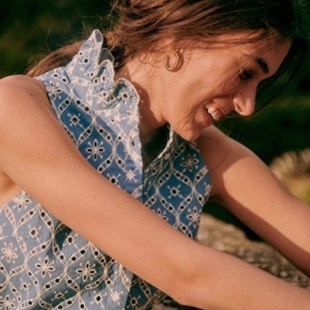 Sezane Blue Eyelet Sleeveless Blouse